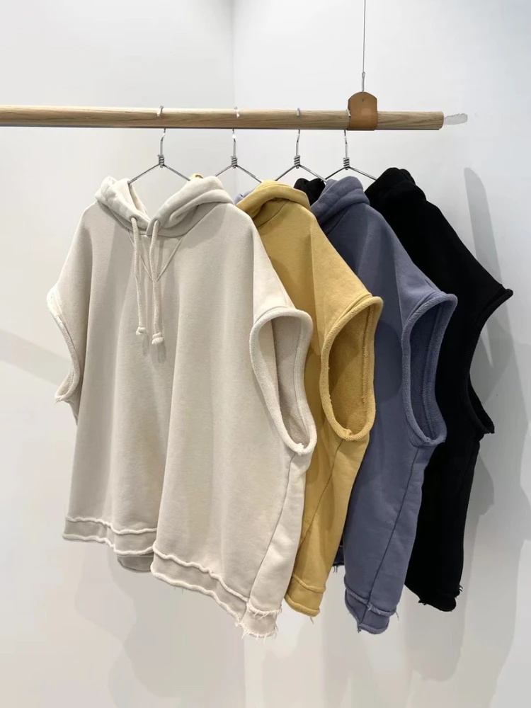 Women's Loose Casual Hooded Sweatshirts, Female Pulls, Monochromatic, Sleeveless, Drawstring, Thick Coats, Top Quality, Autumn