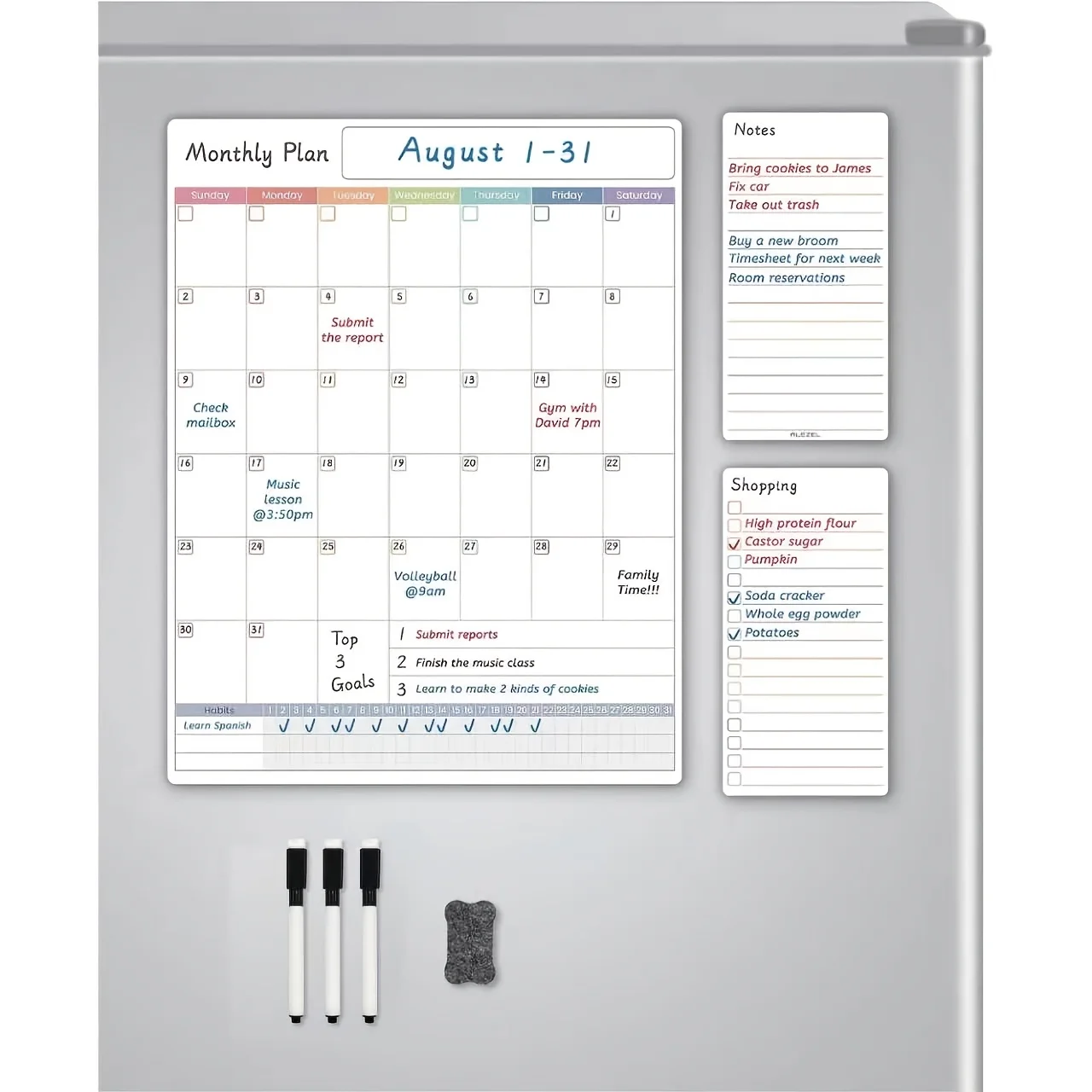 3-Piece Magnetic Reusable Fridge Calendar Set  Family Schedule Board Includes 3 Markers + Eraser (Random Colors)