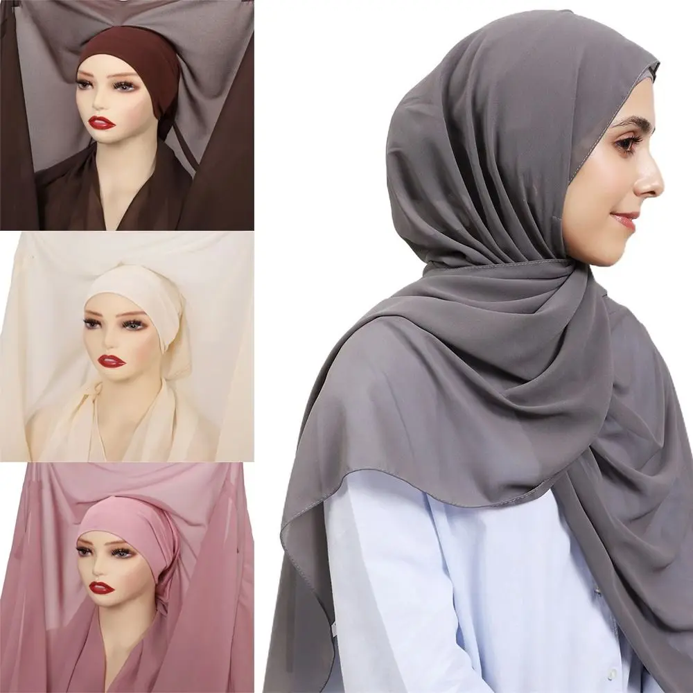 

2in1 Instant Chiffon Hijab Scarf Bulit-In Magnets Solid Color Women Chiffon Shawl with Undercap Breathable Islamic Head Wrap