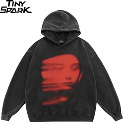 2023 Hip Hop Oversize Hoodie Sweatshirt Men Streetwear Face Ghost Shadow Graphic Harajuku Retro Washed Black Hooded Pullover Y2K