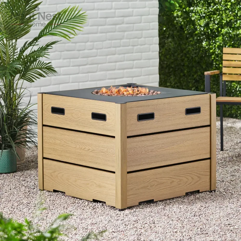 

Outdoor 31" WPC Base Square Propane Fire Pit - 40,000 BTU, easy-to-use,modern style fire pit, Campfire,patio furniture,Brown