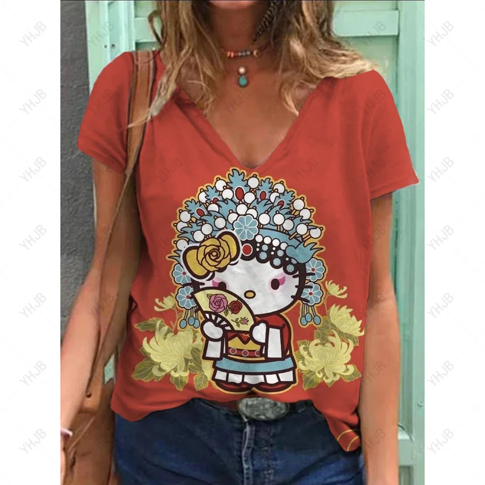 Summer Cartoon T-shirts Pocket Tops Hello Kitty V Neck Woman Clothes Fashion T-shirt Top Women 2025 Comfortable Tees