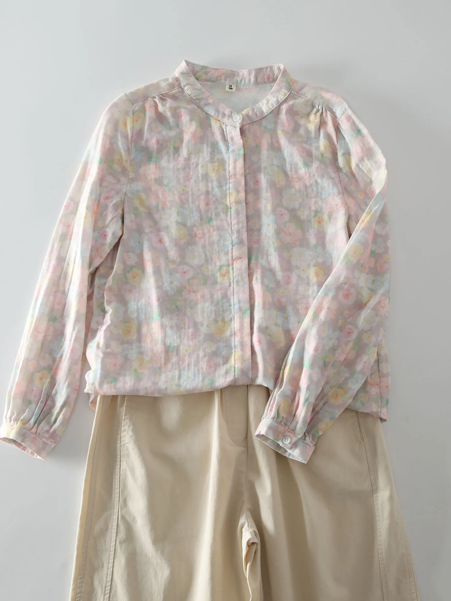 

Новая весенняя женская рубашка с художественным ретро-принтом из чистого хлопка, двухслойная, с длинными рукавами, воротником-стойкой, универсальная, мягкая, приятная к телу.