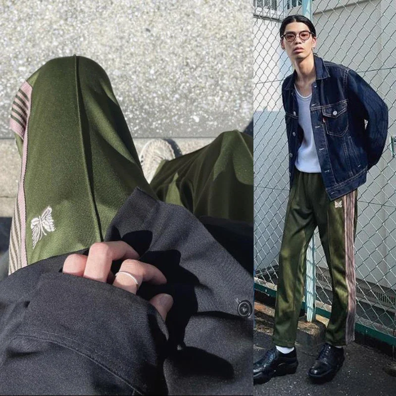 Arrival Army Green Casual Trousers Webbing Track Stripe Sweatpants Butterfly Embroidery Oversize Zipper Men Women Pants