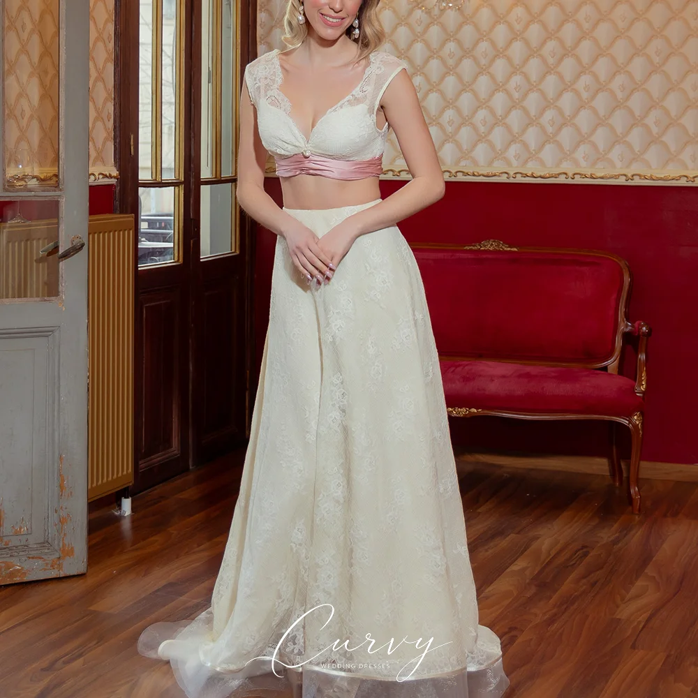 Curvy Romantic Lace Two‑Piece A‑Line Wedding Dress for Women V‑Neck Pink Satin Bow‑Back Floor‑Length Bridal Gown Wedding Party