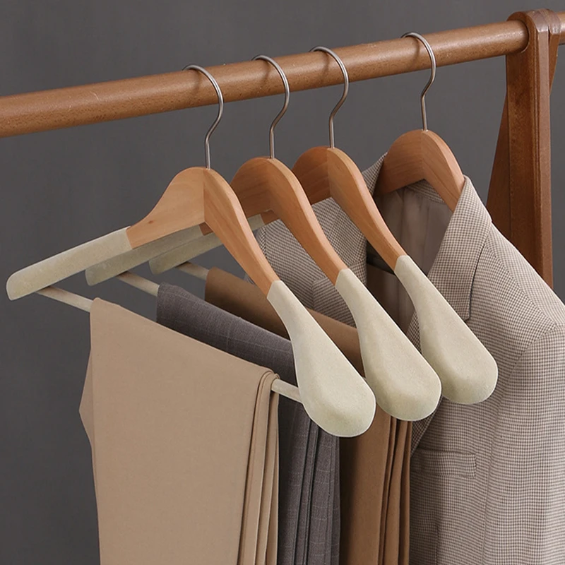 Non-Slip Flocking Wooden Suit Coat Hangers  Closet Organizer  Flocking Wide Shoulder  Luxury Velvet Clothes Hanger