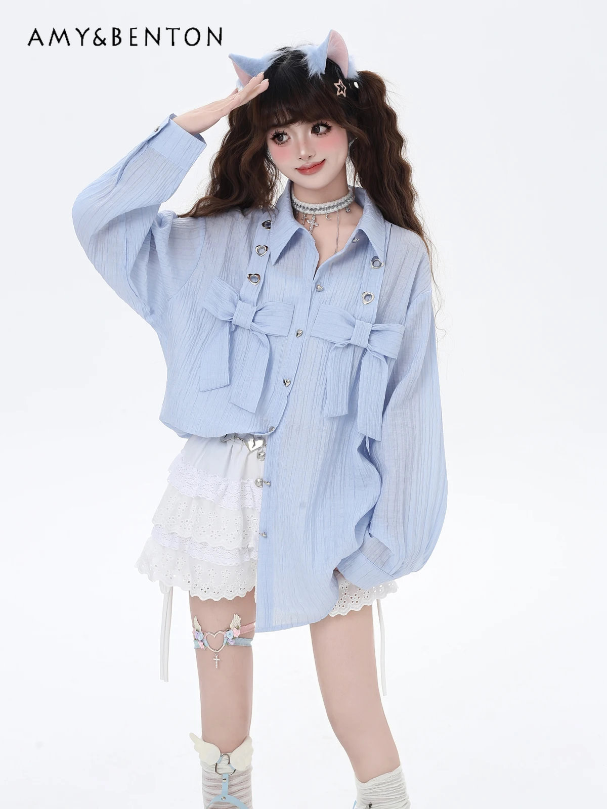 French Girly Bow Sweet Shirt Loose Casual Single-breasted Long-sleeved Shirt Jacket Medium and Long Spring Thin Blouse Women