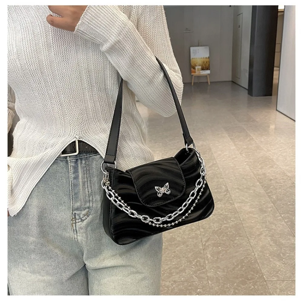 Vintage PU Leather Korean Armpit Bag Fashion Butterfly Decor Ladies Shoulder Bag Y2K Solid Color Underarm Bag Zip Purses Handbag