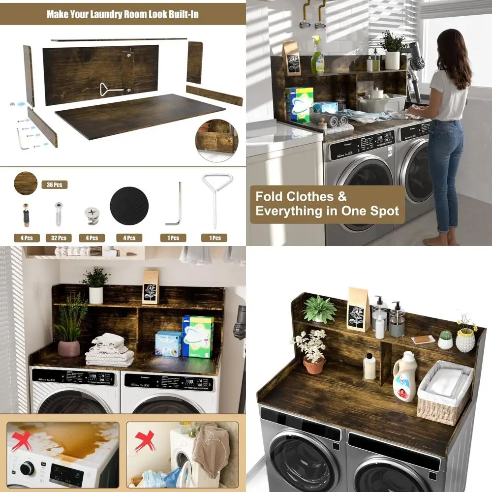 

54 Широкая двухъярусная столешница для стиральной машины со складной полкой и нескользящими подушечками