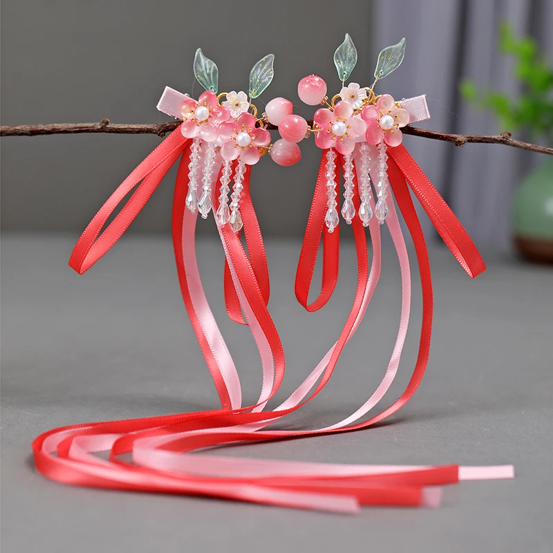 Red Satin Ribbon Hair Accessories with Dangling Tassels Ancient Chinese Style Hanfu Ornaments for Girl Traditional Festival Gift