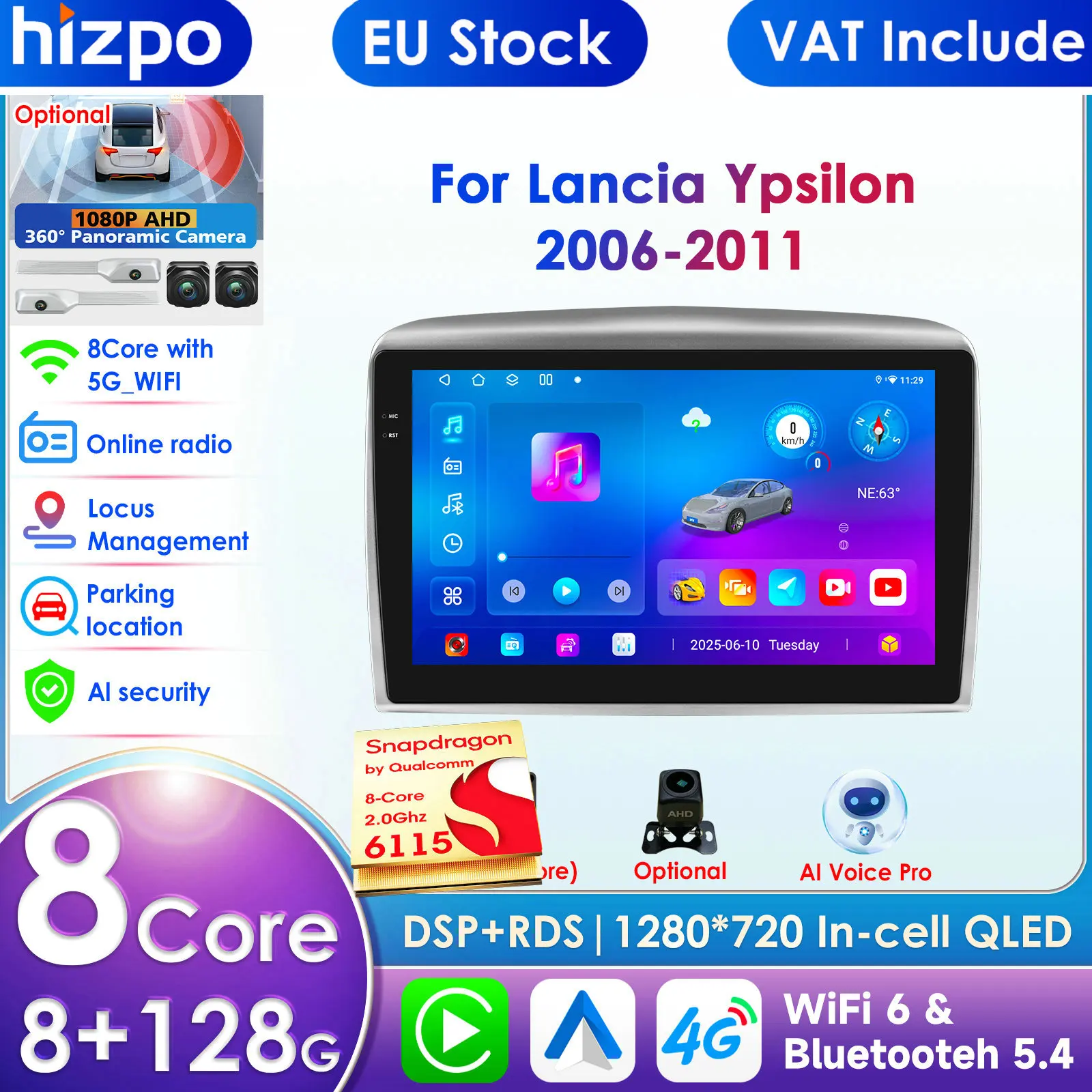 

Hizpo Carplay 4G Android 14 8581 AI Systems Car Radio for Lancia Ypsilon 2006 - 2011 Multimedia Player GPS 2din Autoradio Video