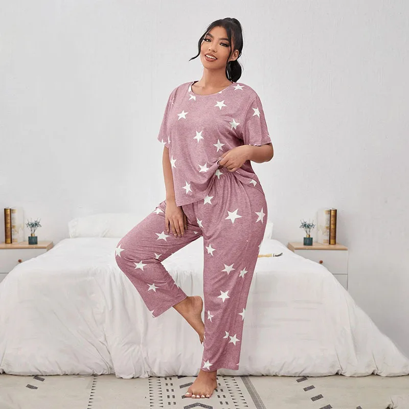 

5XL Plus Size Women's Pajama Set Soft Short Sleeve Long Pants Sleepwear Casual Print Pj Set Loungewear Summer Home Clothes