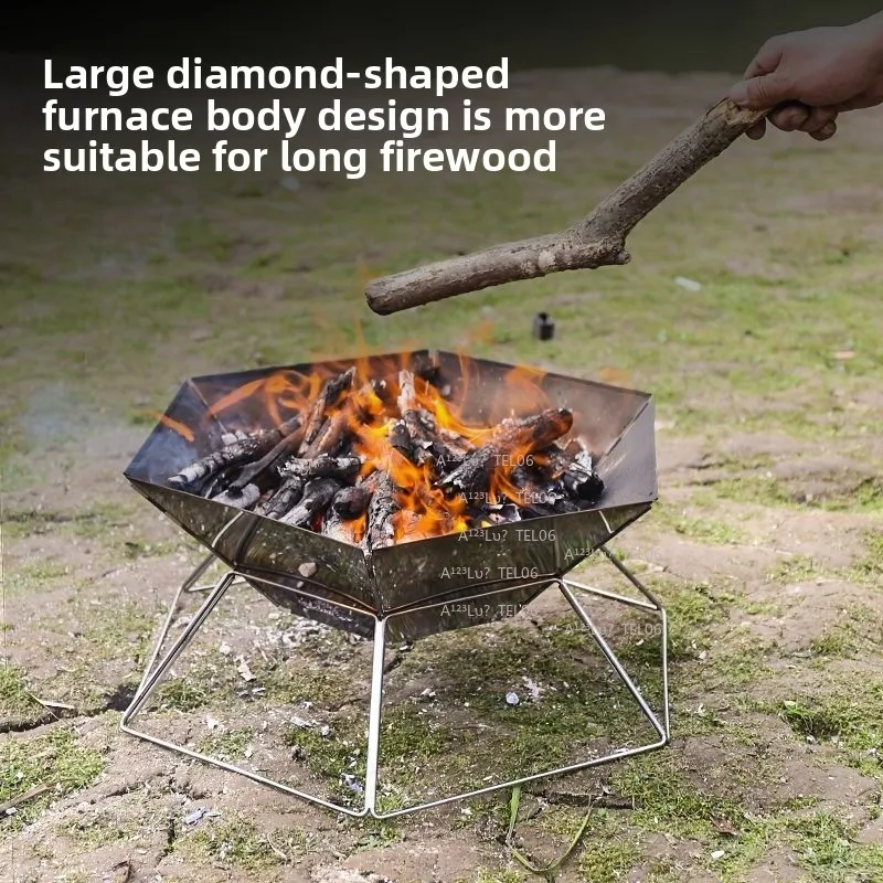 Stainless Steel Camping Wood Stove Hexagon Fire Pit Foldable Portable BBQ Grill Outdoor Cooking