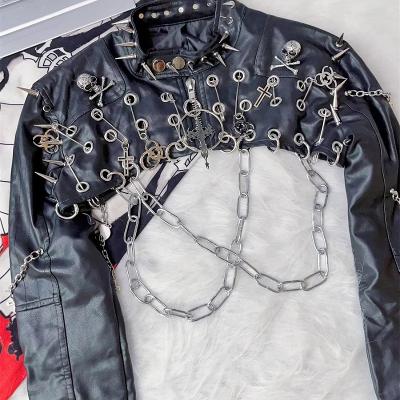 Original Design Y2K Hot Girl Punk Rivet Women's Short Jackets 2025 New Rock Retro PU Leather Sweet Cool Blouse Pin Coat Ladies