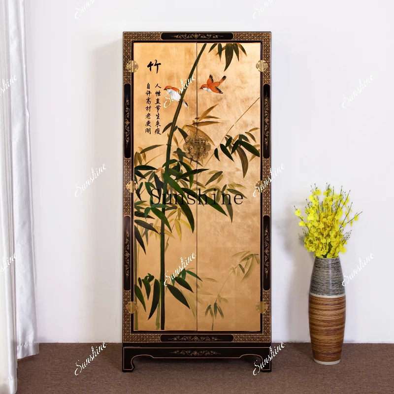 

New Chinese classical hand-painted bamboo gold foil Korean bedroom decorative wardrobe light luxury furnitureYY