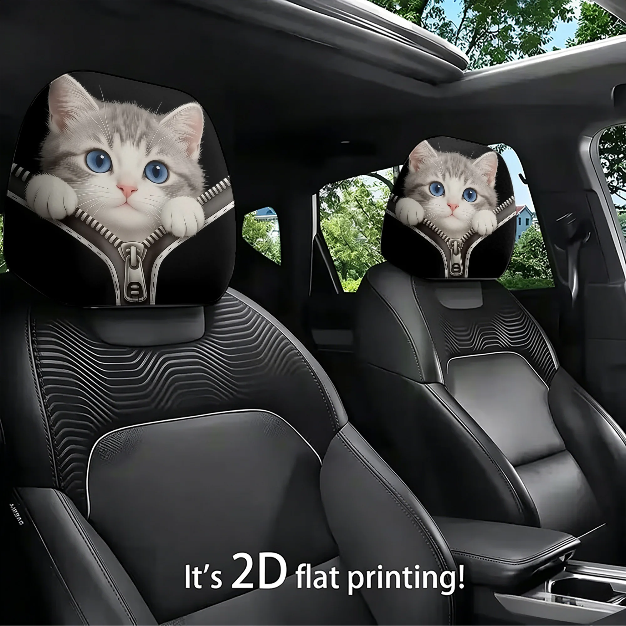2pcs Cute Cat-Patterned Car Headrest Covers—Add a Playful Touch to Your Car’s Interior. Filling Not Included. Easy to Install.
