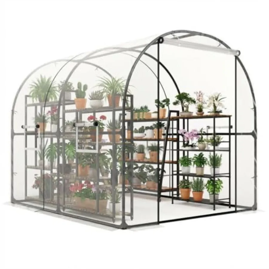 Outdoor garden plant hot house: 8.2×6.6×6.6FT heavy-duty steel frame, black powder-coated, portable walk-in hoop house for prem