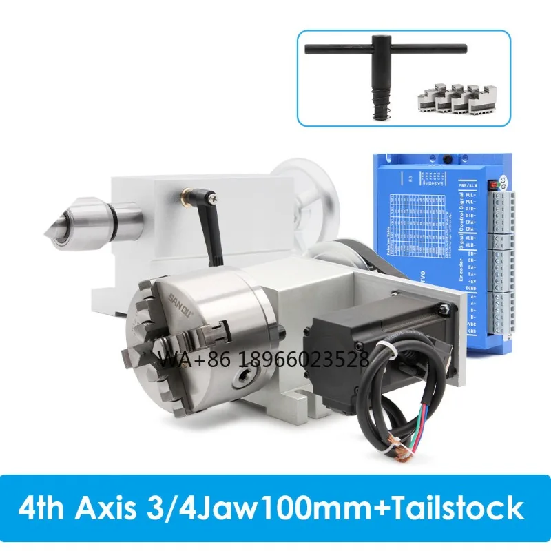 4th Axis Kit 3/4Jaw 100mm NEMA23 2.2Nm HBS57 Closed Loop Stepper Motor A axis Rotation Axis With Tailstock Changeable Head