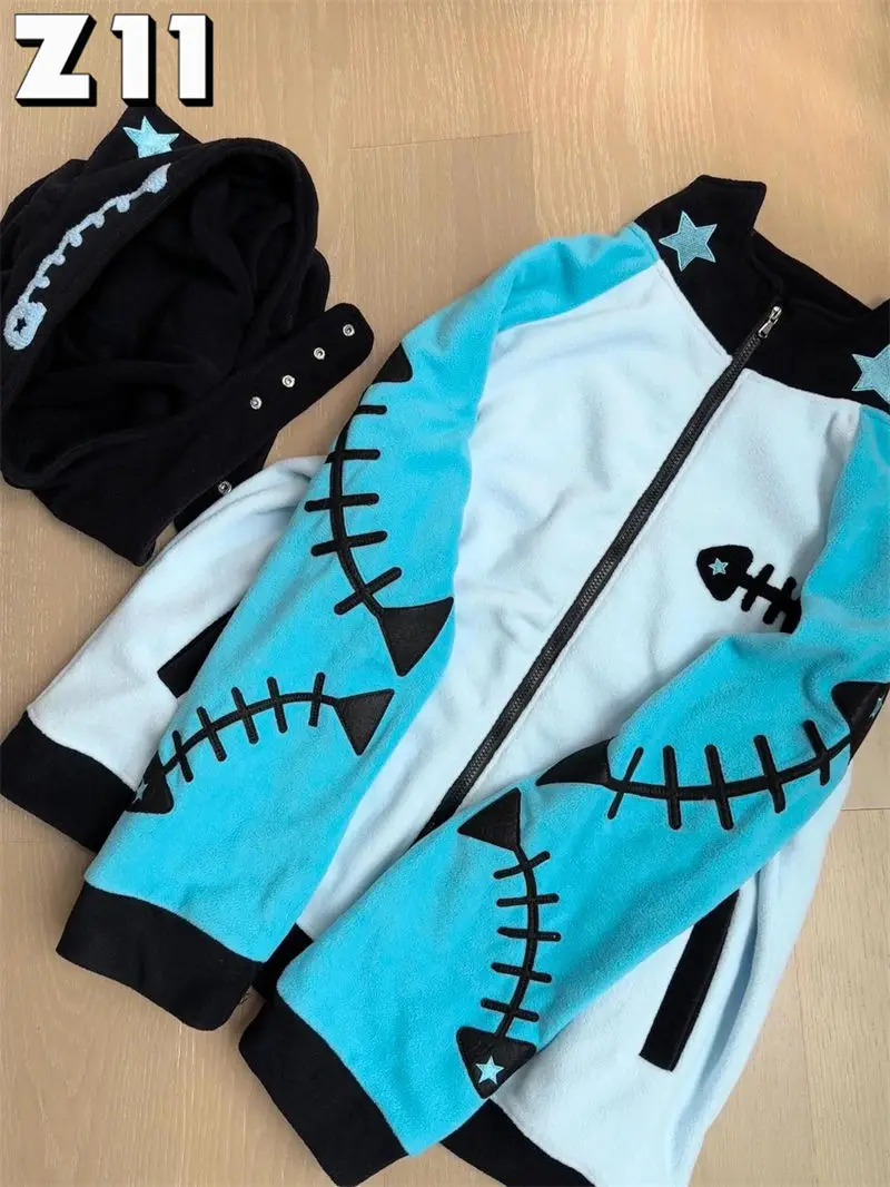 Japanese Cat Ears Black Fishbone Star Hat + Fleece Contrast Color Long Sleeved Zipper Cardigan Jacket Streetwear Women Y2k Top