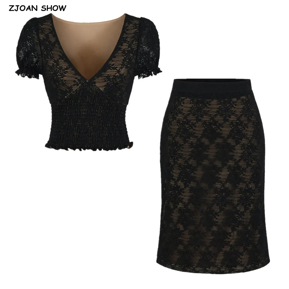 Sexy V Neck Perspective Lace Short Puff Sleeve Tee Elastic Hem Crop Top + Low Waist Knee Length A-Lined Skirt 2 pieces 1 set