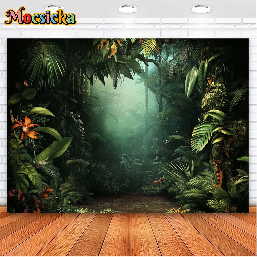 Mocsicka Enchanted Rainforest Lush Greenery Hidden Animals Wooden Path Elephant Tiger Dark Mysterious Depth Photography Backdrop