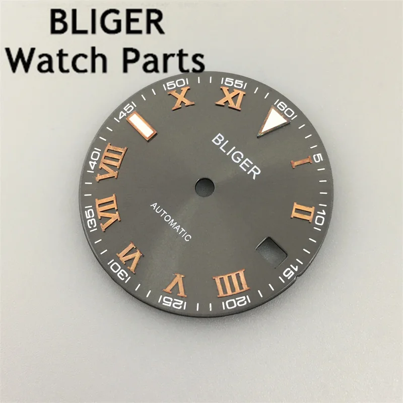 Bliger สาย NH35สะท้อนแสงสีดำขนาด29มม., หน้าปัดทองคำสีกุหลาบหน้าปัดสีเงิน