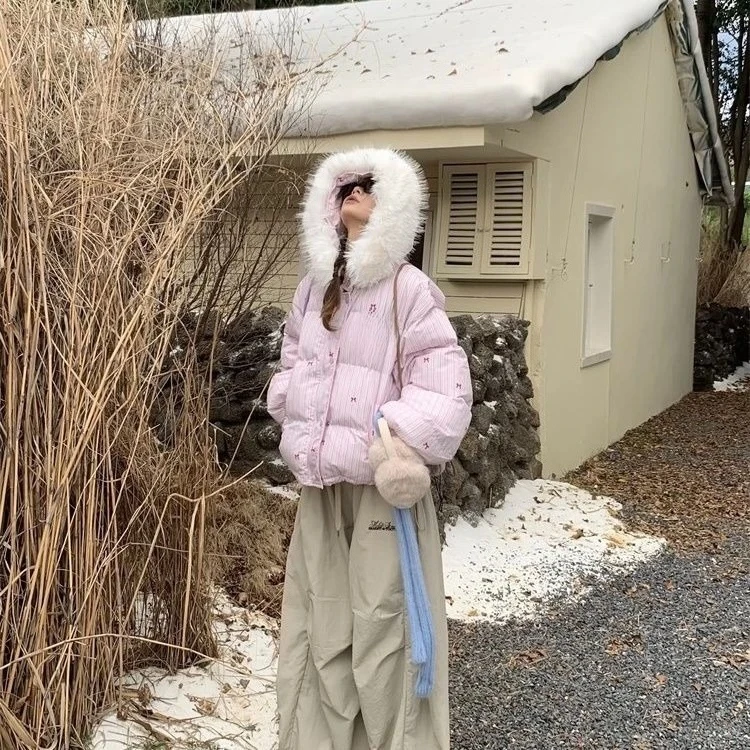 New Fur Collar Korean Striped Cotton Jacket Bow Winter Hooded Cropped Bread Jacket Thickened Warm Cotton Jacket