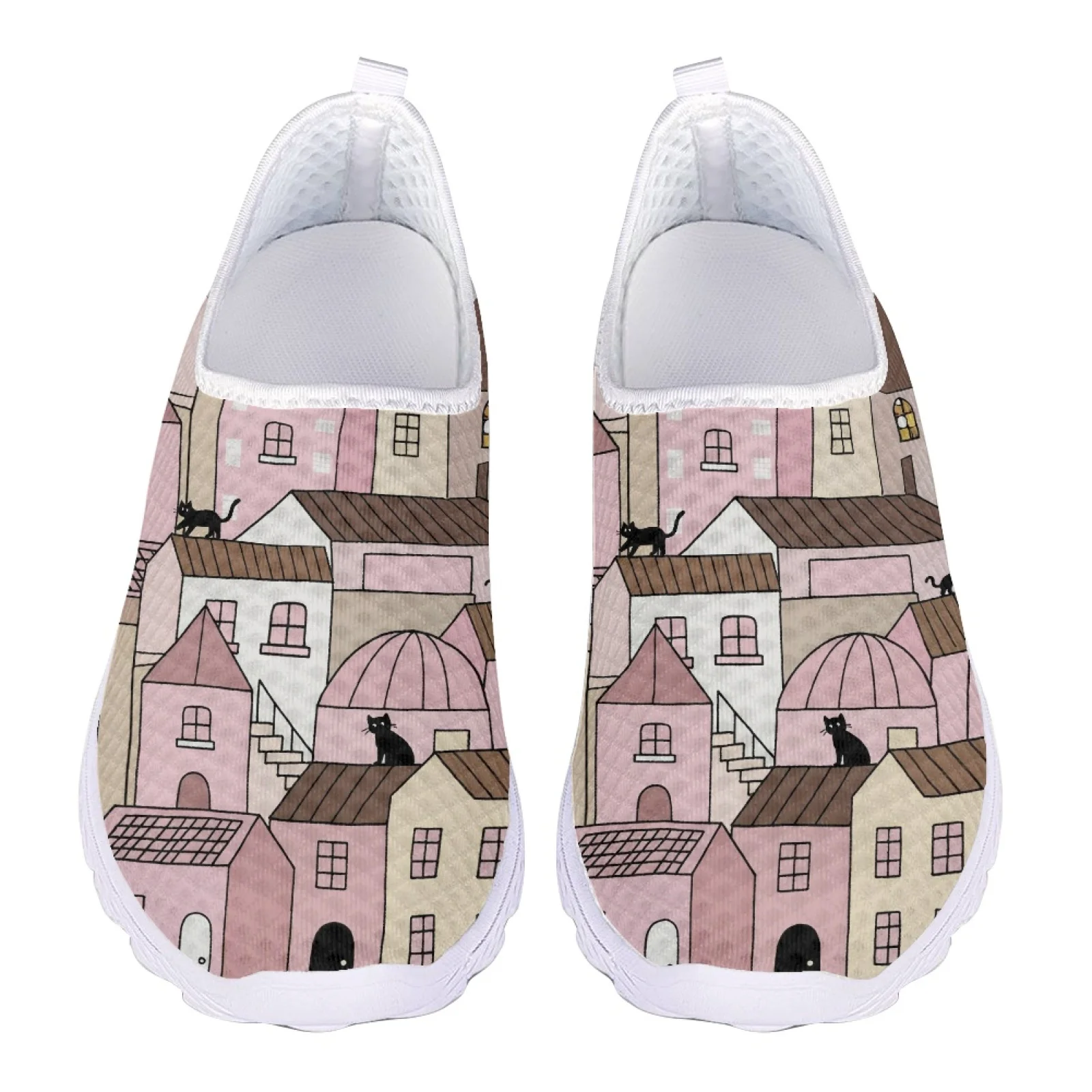 Summer Slip-on Flats Mesh Sneakers for Women Breathable Knit Upper Casual Walking Shoes Building Pattern Sport Gym Running Shoes