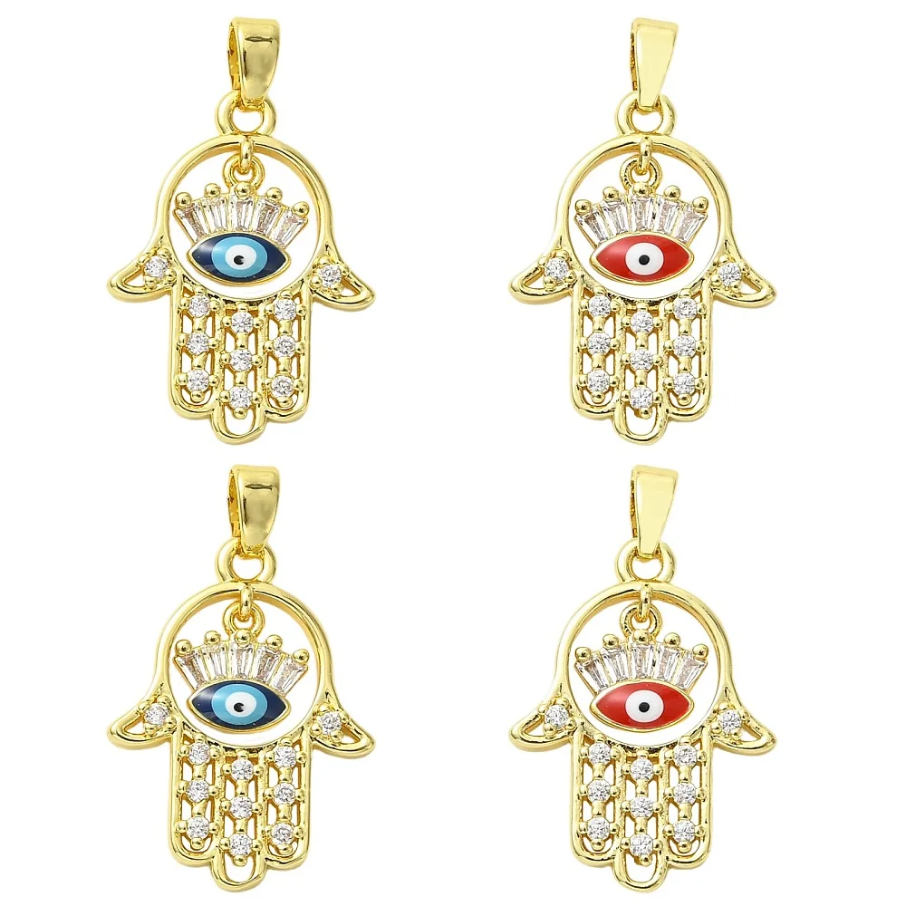 4pcs Golden Hamsa Hand Charms Micro Pave  Clear Cubic Zirconia Evil Eye Pendants for DIY Necklace Bracelet Jewelry Making Decor