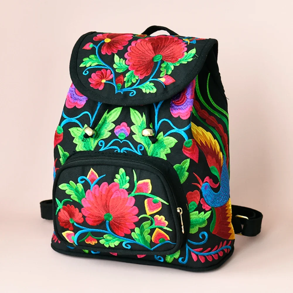 Flower Embroidery Pattern Women Backpack with Canvas Material and Drawstring Closure