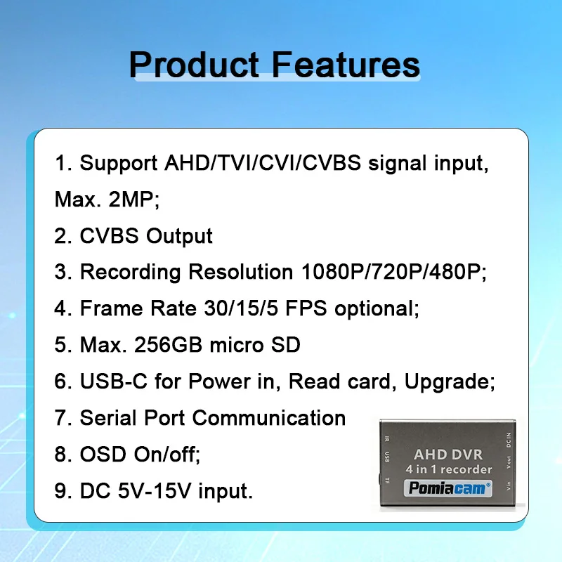 4 in 1 Mini HD DVR Recorder 1080P AHD TVI CVI CVBS CCTV Video Recorder Support 256GB Micro SD Card USB-C Recording 4CH