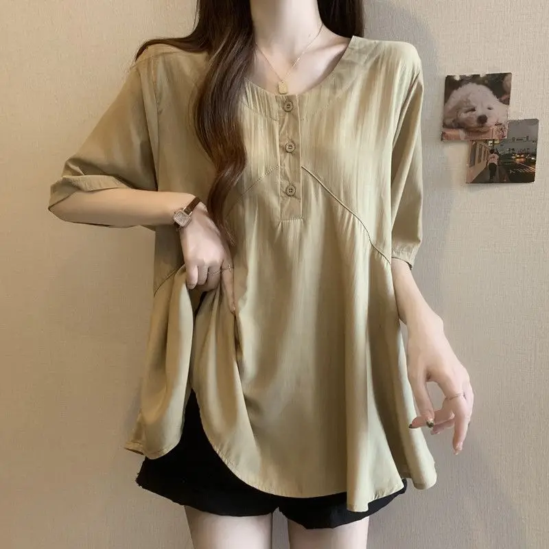 Fashion O-Neck Loose Solid Color Folds Ruffles T-Shirts Female Clothing 2024 Summer New Oversized Casual Tops Sweet Tee Shirt