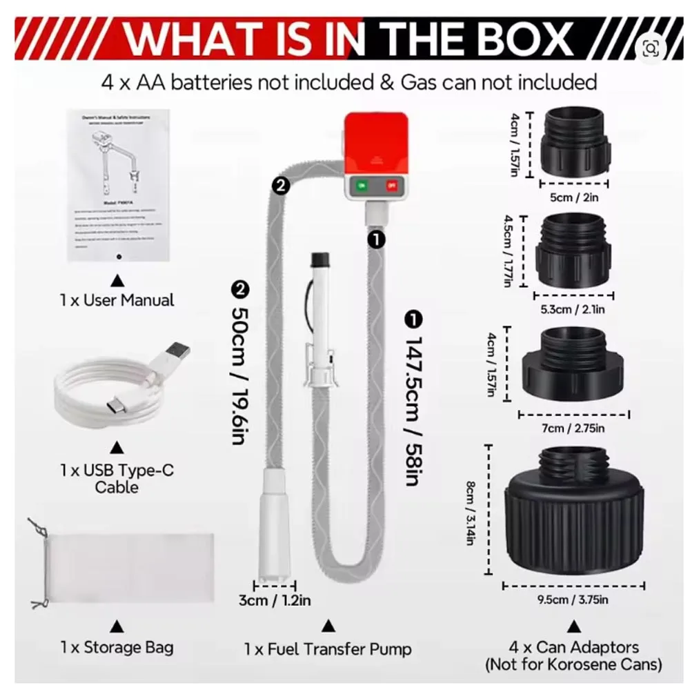 

USB Electric Fuel Transfer Pump with 4 Tank Adapters 51 Inch Hose Auto-Stop Sensor Leak Protection for Gas Diesel Oil Transfer