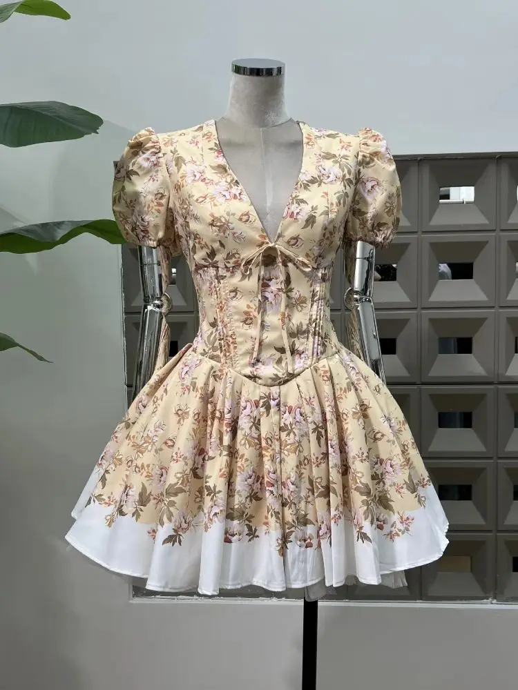 

New Trendy Printed V Neck Short Sleeve Dresses Chic Elegant High Quality Birthday Cocktail Gowns Club A Line Activity Clothing