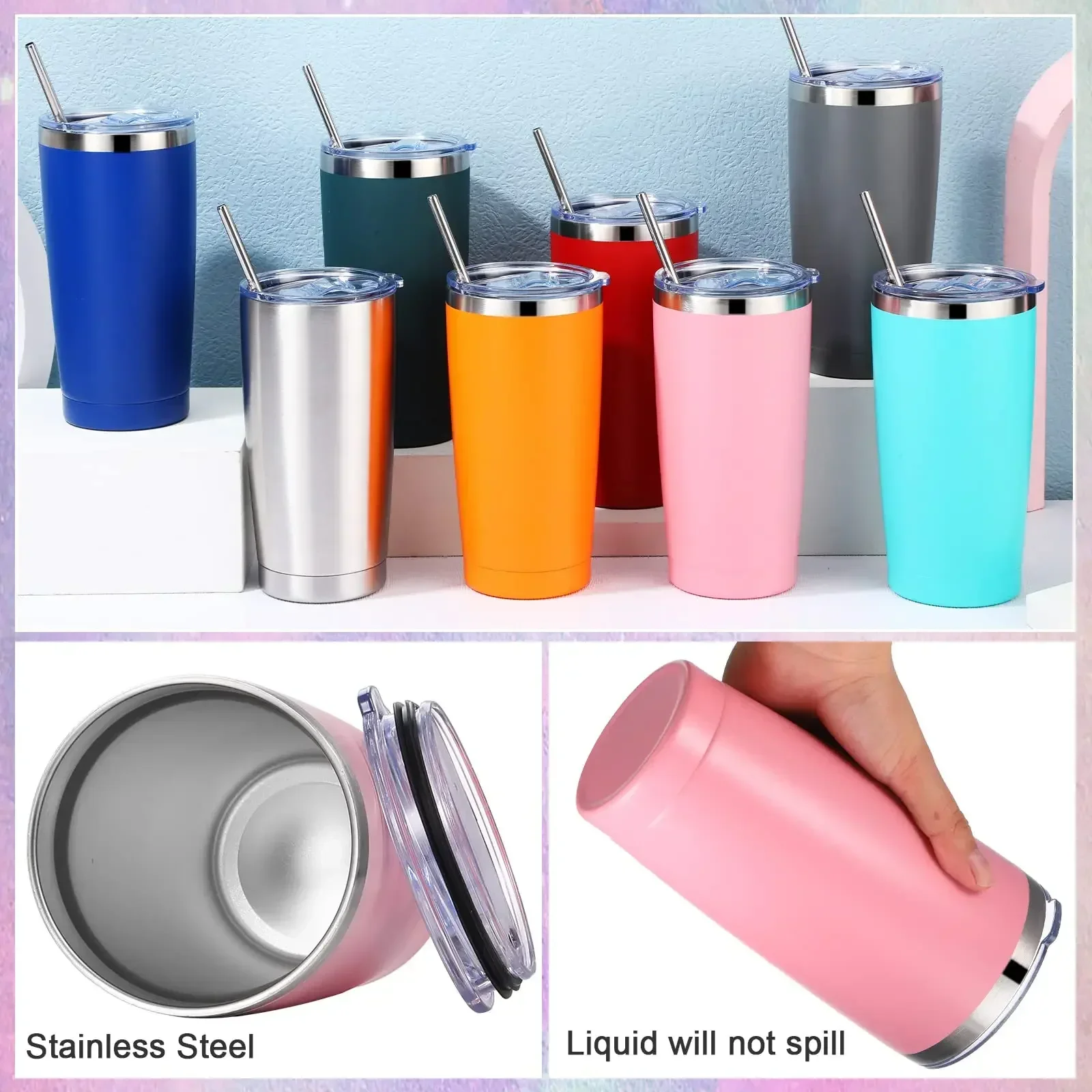 16 Pack Insulated Travel Tumblers 20 Oz Stainless Steel Tumbler Cup with Lid and Straw Powder Coated Coffee Mug for Cold and Hot