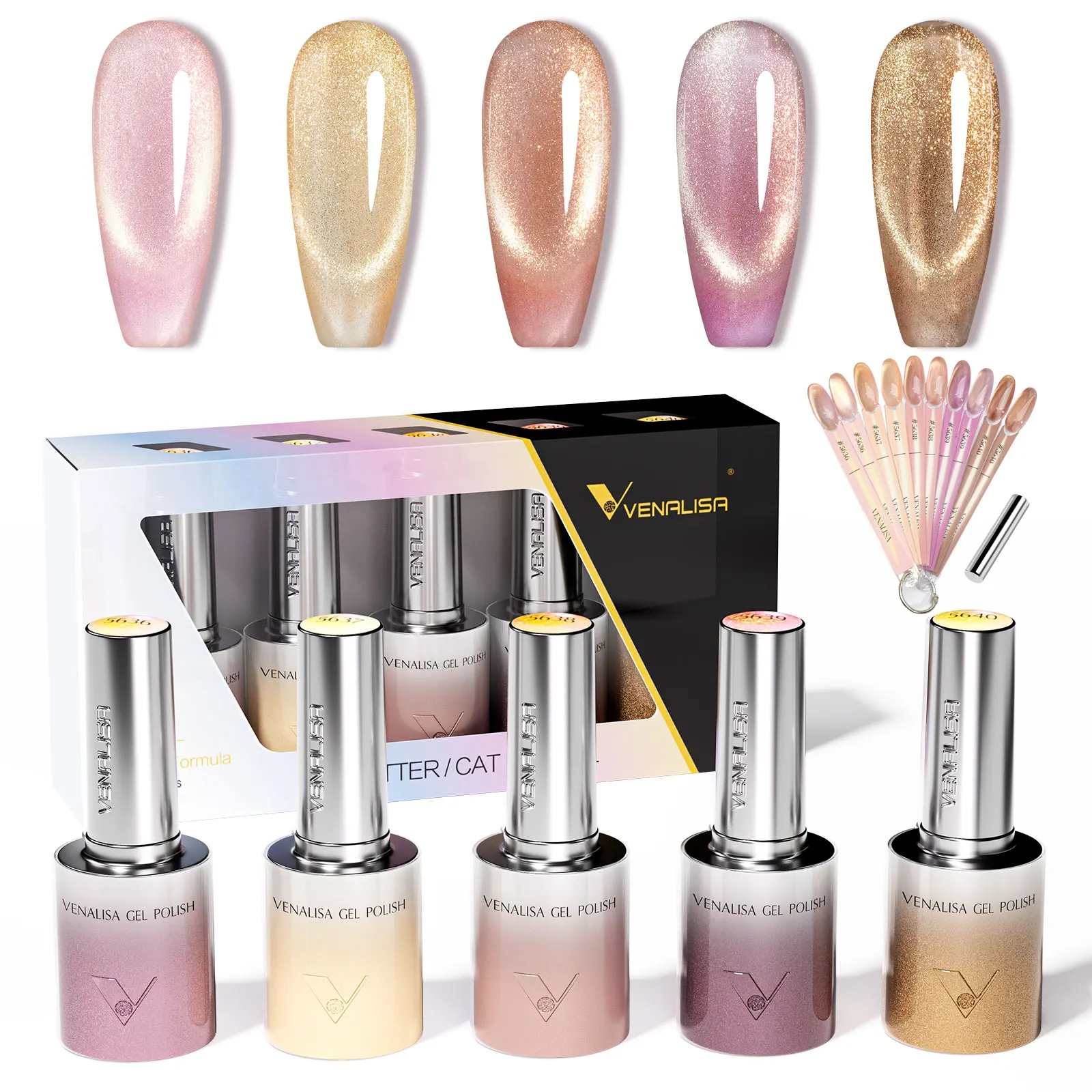 Venalisa Cat Eye Gel Nagellack Set Magnetischer Effekt Schimmerndes Nagelgel Set Hochpigmentiert Abziehbarer UV LED Nagelkunst Maniküre 10ml x 5 Stück – Detail 20