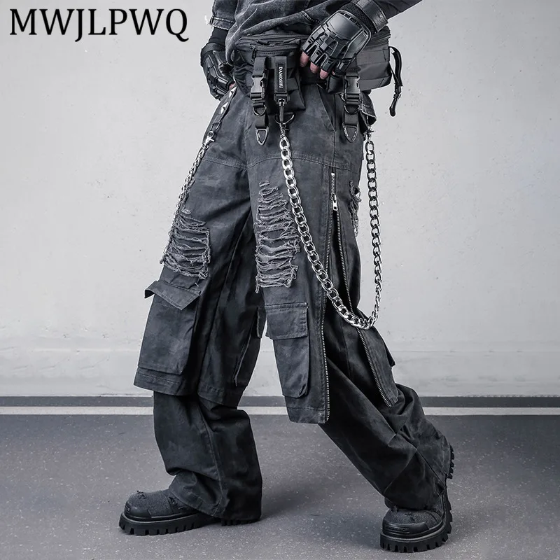 

MWJLPWQ Niche Style Functional Workwear Wide-Leg Pants For Men Distressed Holes Multiple Pockets Zipper Chain Trousers 14255
