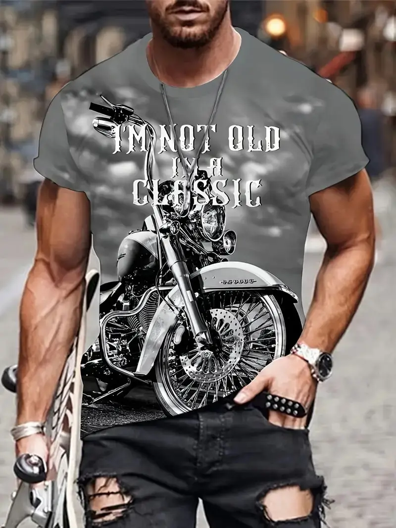 2024 New Motorcycle Jackets Graphic T-shirt Men\'s Vintage 3D Print Short Sleeve Crew Neck Tee Top Oversized Street Trend T shirt