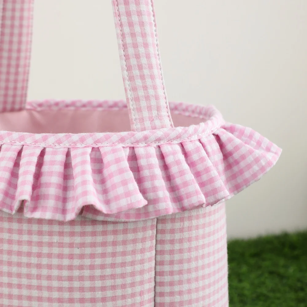 Rüschen-Osterkorb, Seersucker, kariert, kariert, Süßigkeiten-Geschenk-Einkaufstasche für Kinder, Frühling, Ostern, Party, Zuhause, Festival, Dekorationen – Detail 4