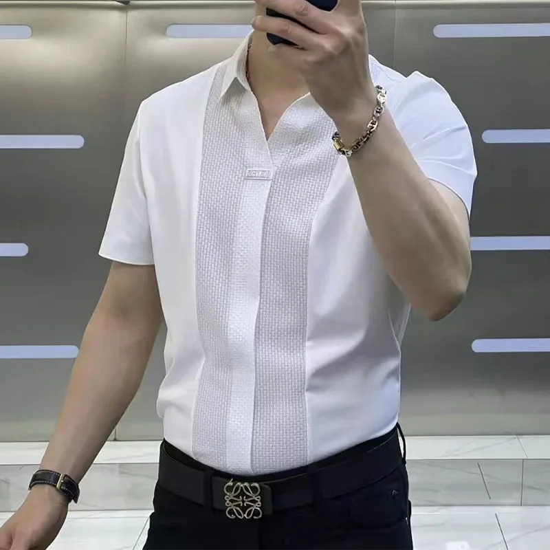 Business Office Casual Men's Polo-Neck Slim Shirt 2023 Trend Korean All-match Patchwork Short Sleeve Shirt Male Clothes Z585