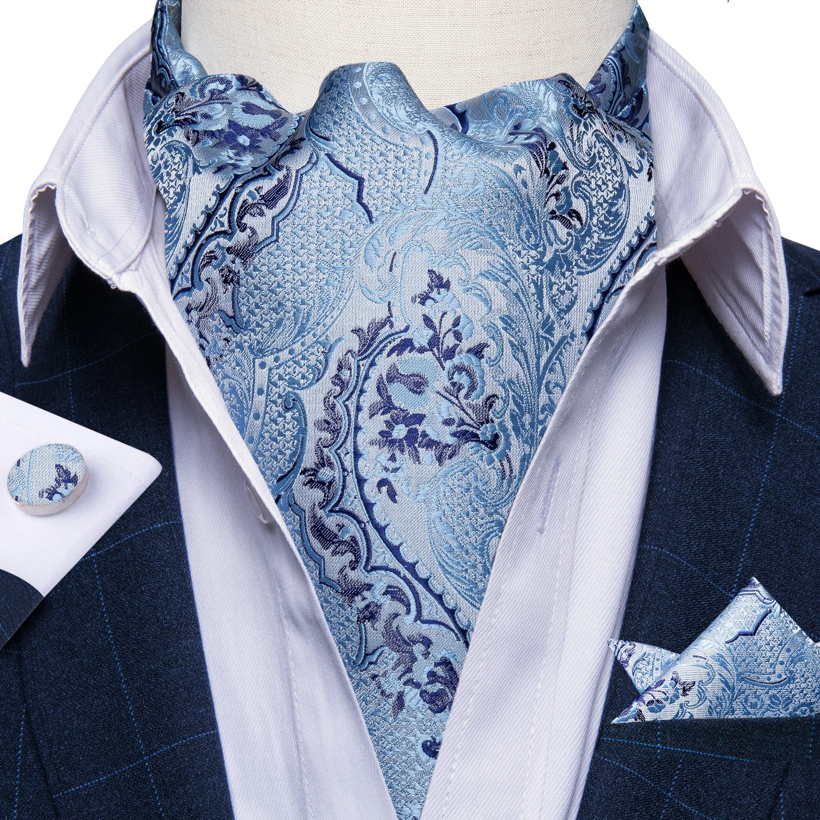 Mens Paisley Ascot Tie 3pcs Set, With Pocket Square & Cufflinks, Refined Suit Accessory For Wedding Business Banquet Daily Wear