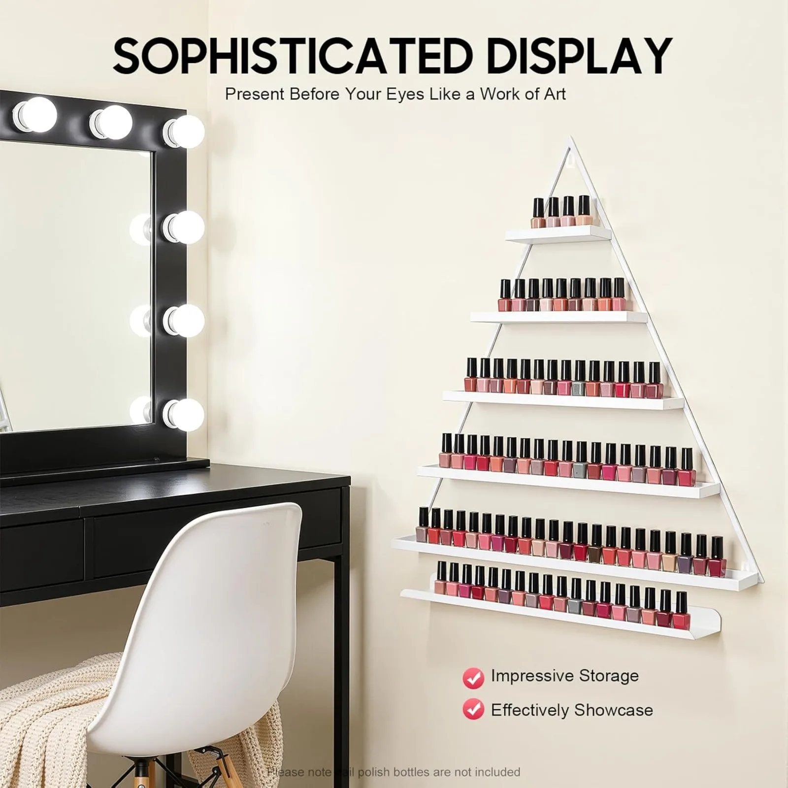 6Pcs Triangular Wall Mounted Cosmetic Display Shelf, White Gold Nail Polish Rack for Home Salon
