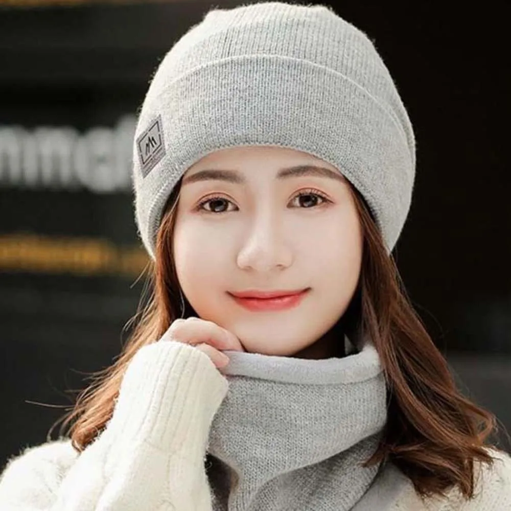 Boné elástico versátil e cachecol terno na moda cor sólida cachecol compacto cúpula gorro masculino