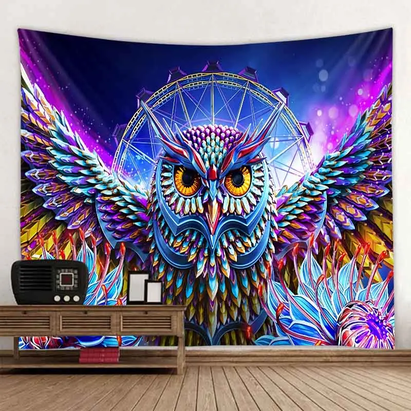 Colorful Owl Print Tapestry Psychedelic Cat Art Wall Hanging Boho Hippie Fantasy Witchcraft Room Decor Home Kawaii Wall Decor