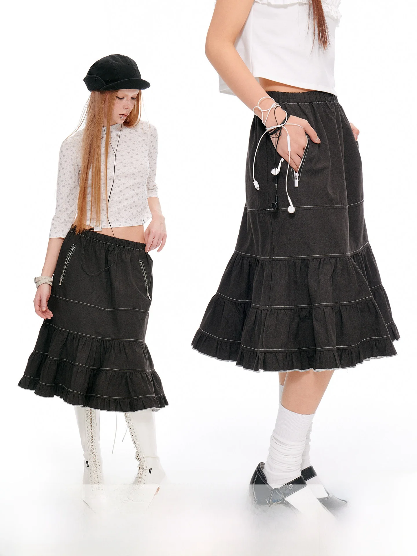 

JIKOO American Vintage Black Suture Half-length Skirt Women's A-line Midi Skirt with Lace Splicing Casual Style