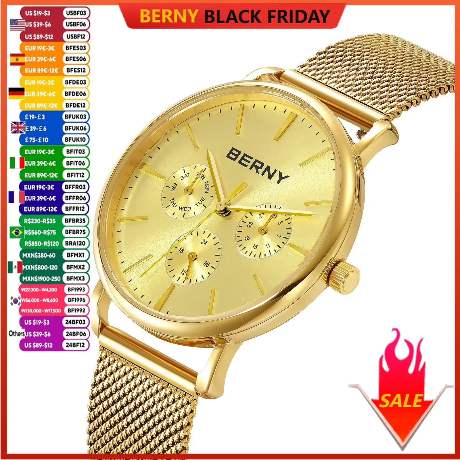 BERNY Gold Men's Watches Calendar Week Modernist style Classic Elegant Ultra-thin Golden Quartz Men Watch Full Stainless steel