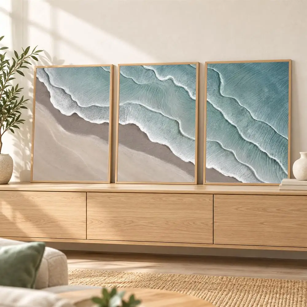 Turquoise Ocean Coastal Waves Painting Calligraphy 3 Pieces Canvas Poster Set Wall Art for Bedroom Living Room Home Decor Gift