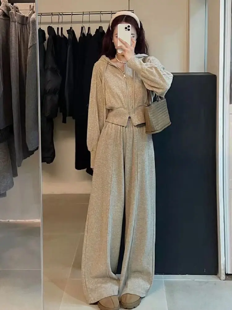 2025 sportswear set women's spring and autumn new lazy wind loose cardigan hooded sweater wide-leg trousers two-piece set