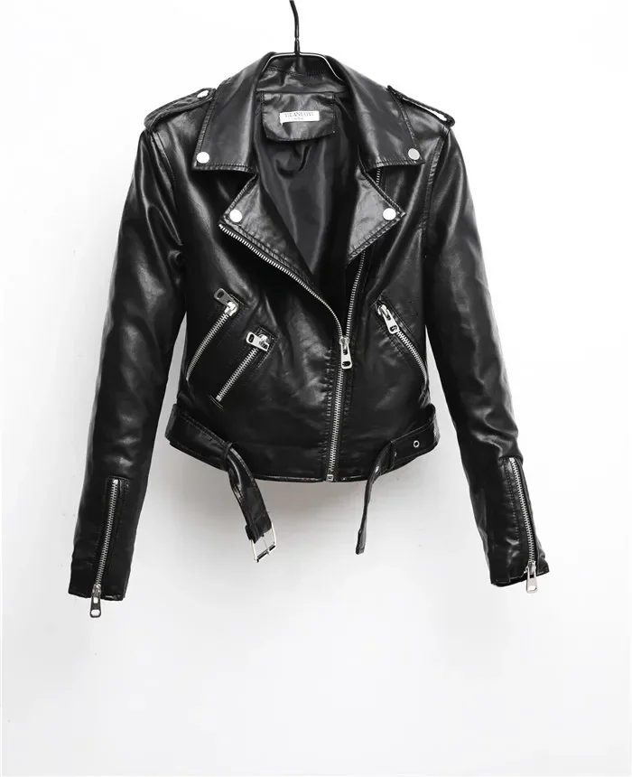 Customized 2025 New Fashion Women Autunm Winter Black Faux Leather Jackets Lady Bomber Motorcycle Cool Outerwear Coat with Belt