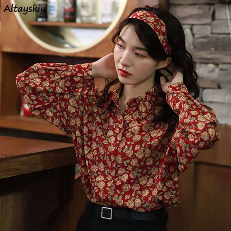 Shirt Women Retro Office Lady Turn-down Collar Casual Ins Popular Cozy Button Spring All-match Straight Hot Sale Korean Style